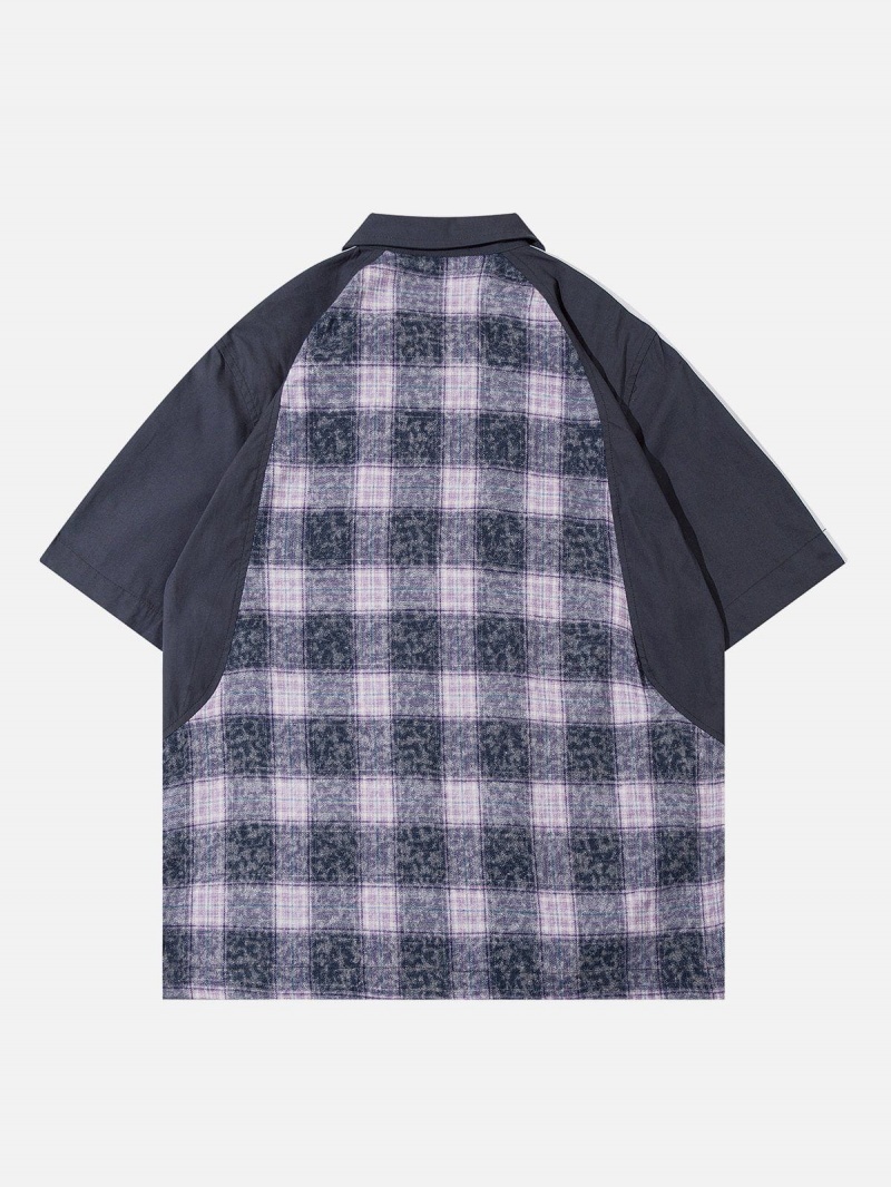 Bleu  Chemise à Manches Courtes Aelfric Eden Contrast Plaid - AHJ-2697807